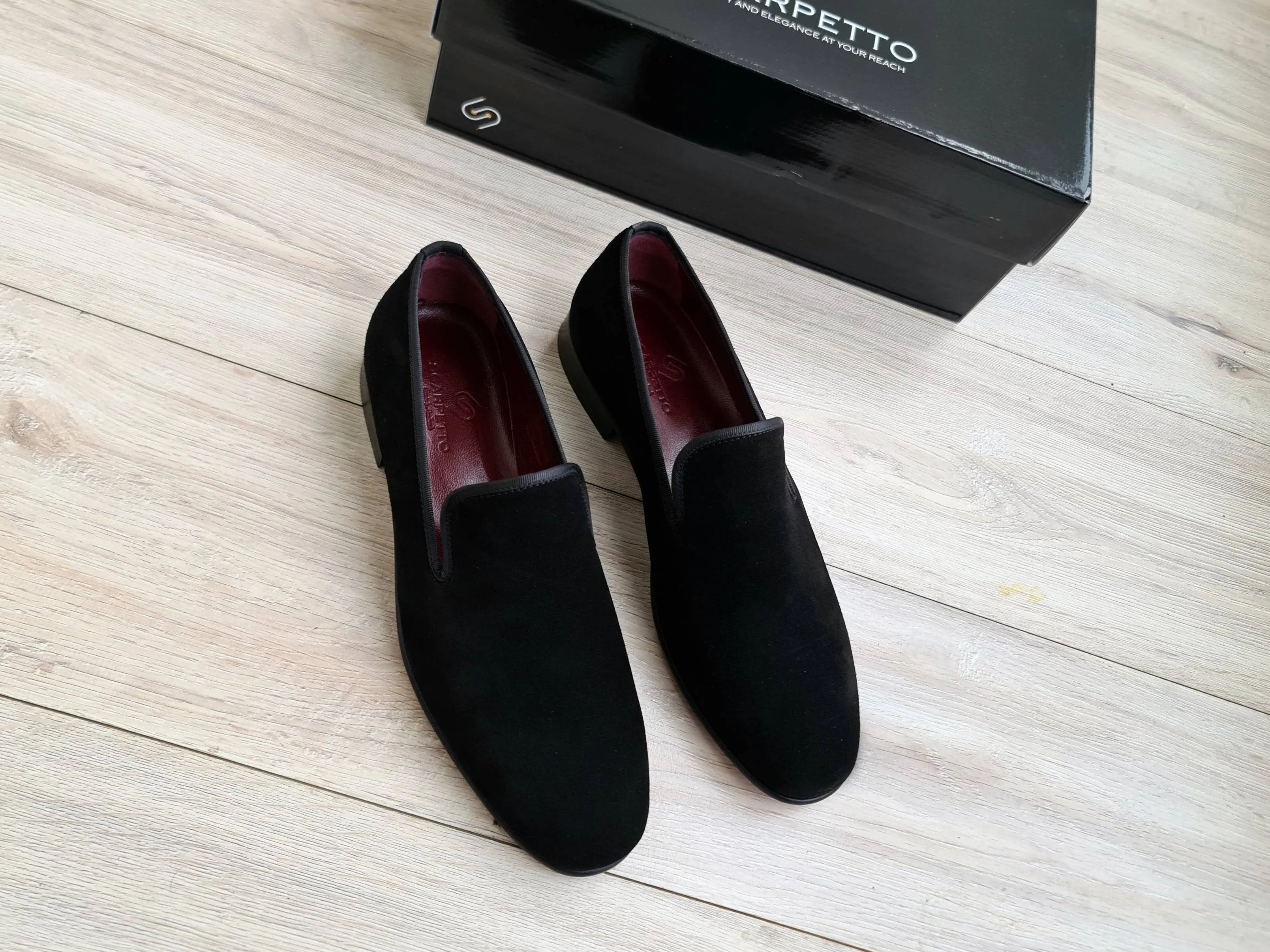 Black Men's Genuine Suede Leather Loafers - Red Leather Sole