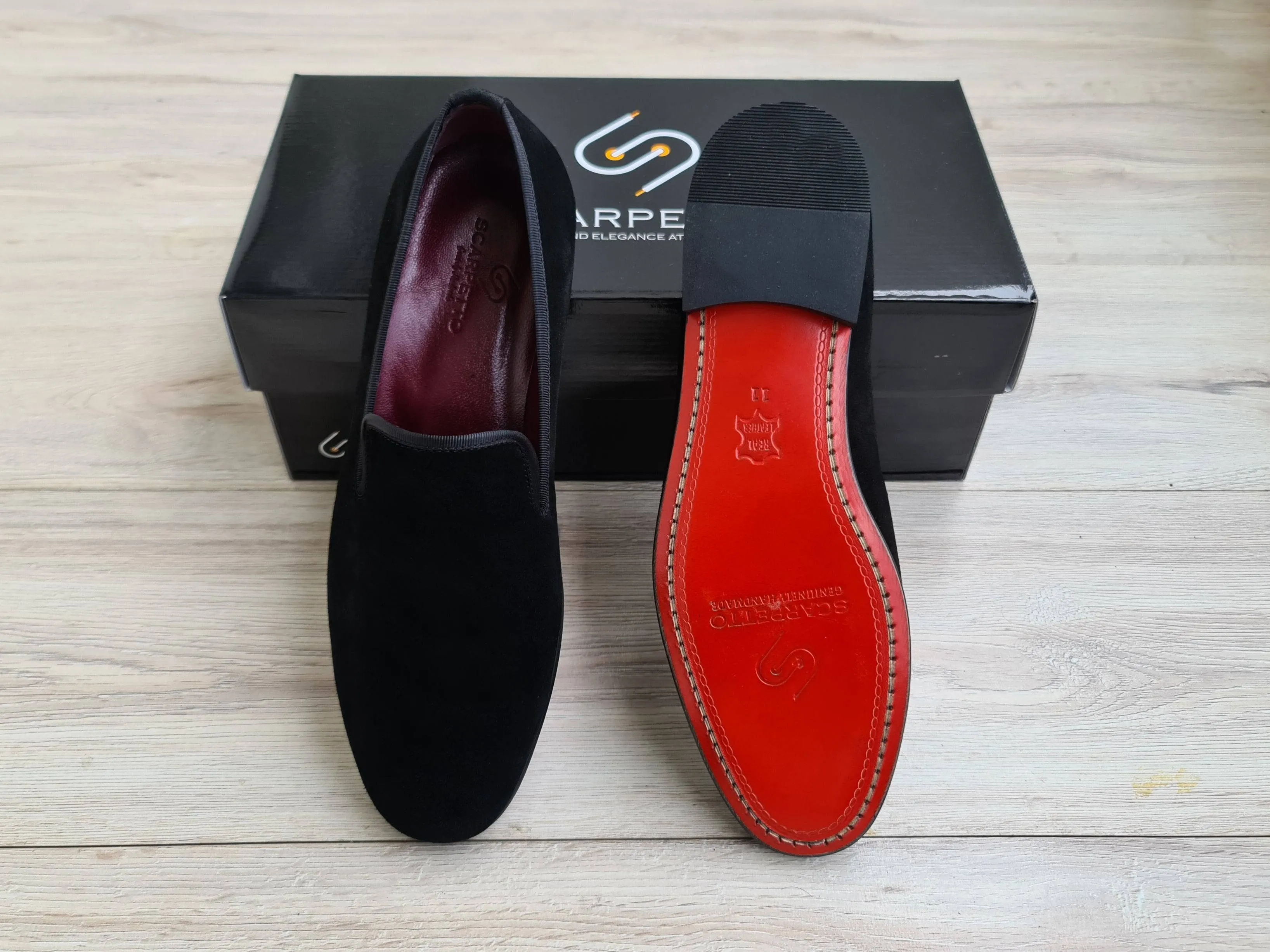 Black Men's Genuine Suede Leather Loafers - Red Leather Sole