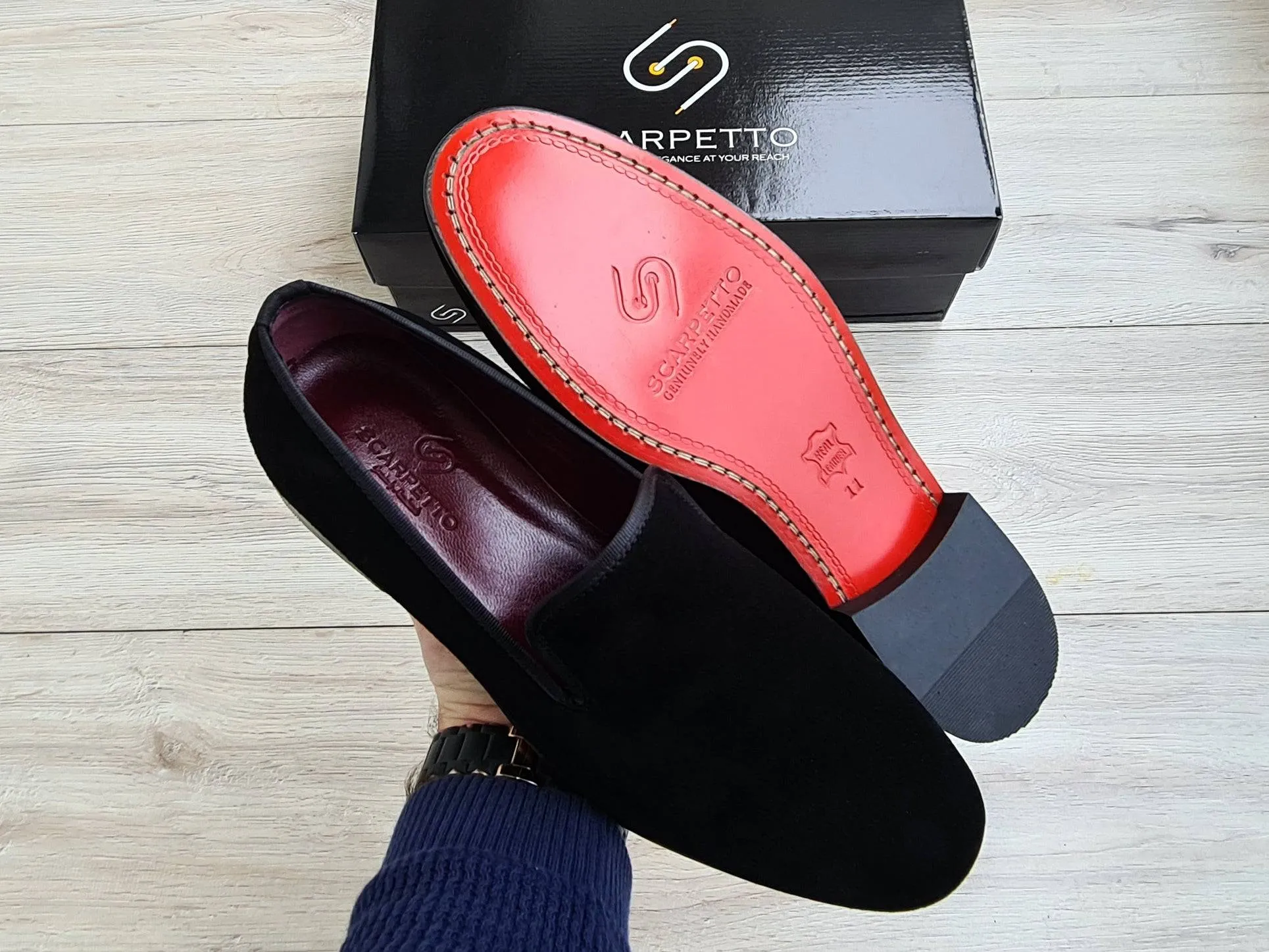 Black Men's Genuine Suede Leather Loafers - Red Leather Sole