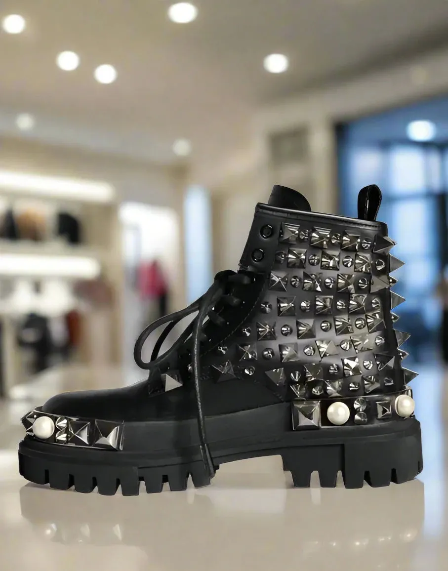 Dolce & Gabbana BLACK LEATHER STUDS EMBELLISHED COMBAT BOOTS SHOES