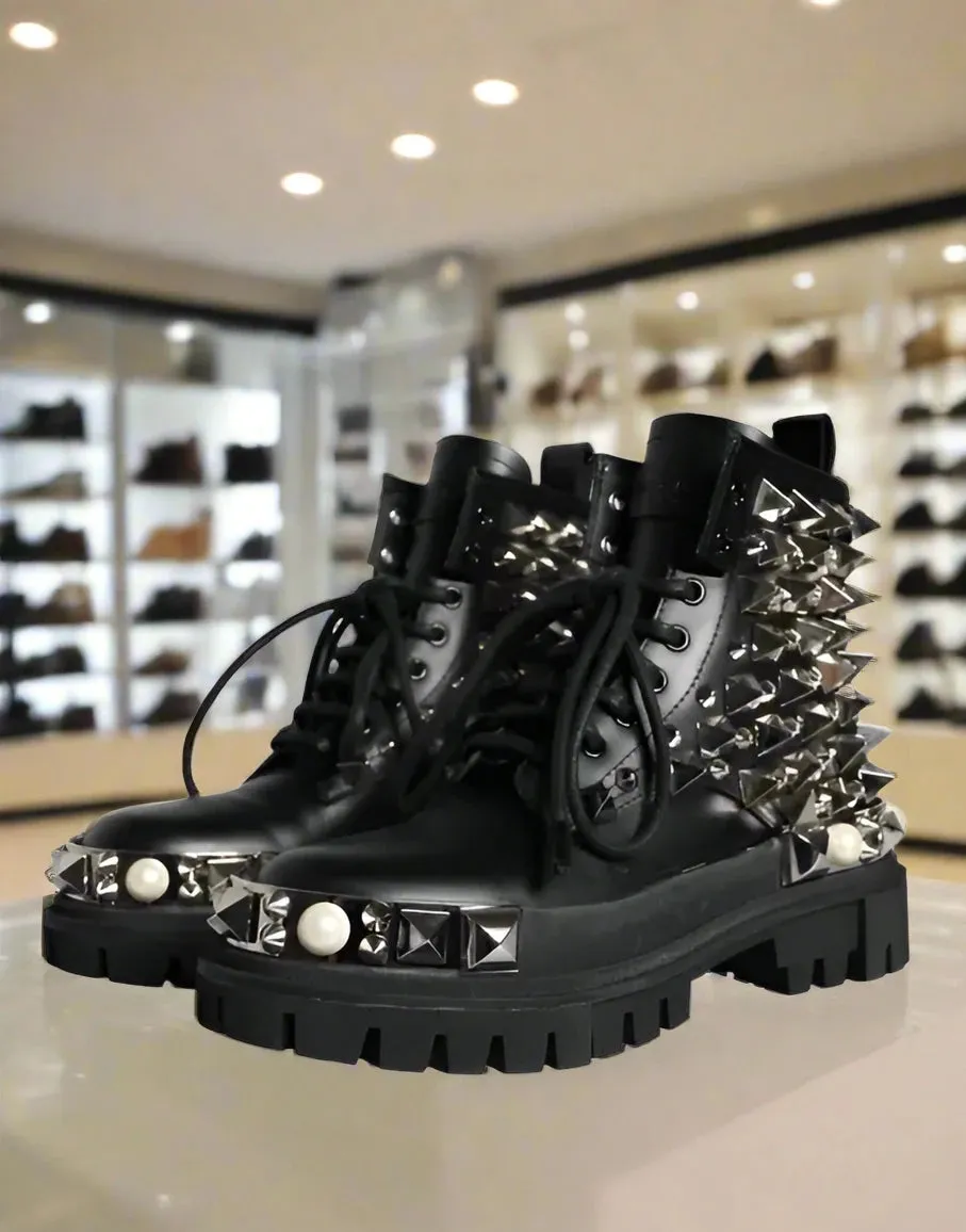 Dolce & Gabbana BLACK LEATHER STUDS EMBELLISHED COMBAT BOOTS SHOES