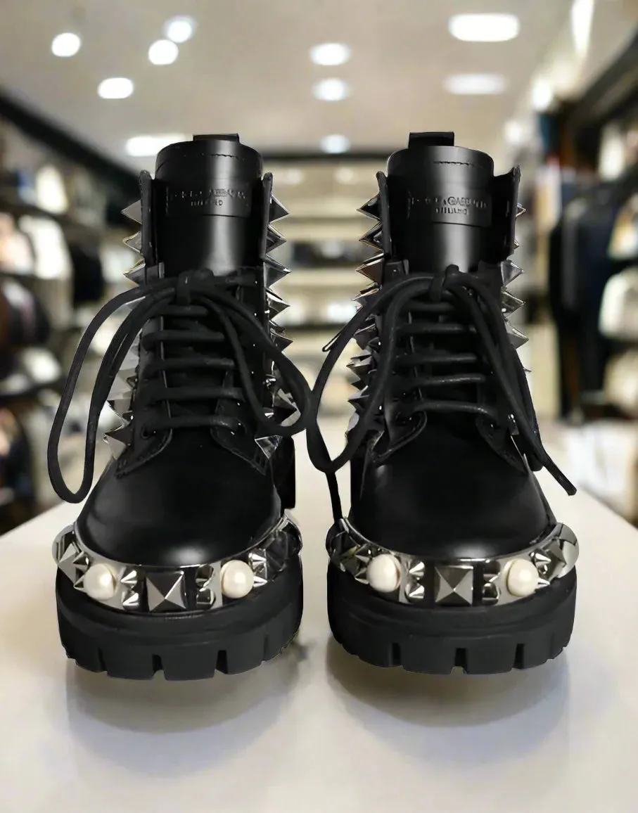 Dolce & Gabbana BLACK LEATHER STUDS EMBELLISHED COMBAT BOOTS SHOES