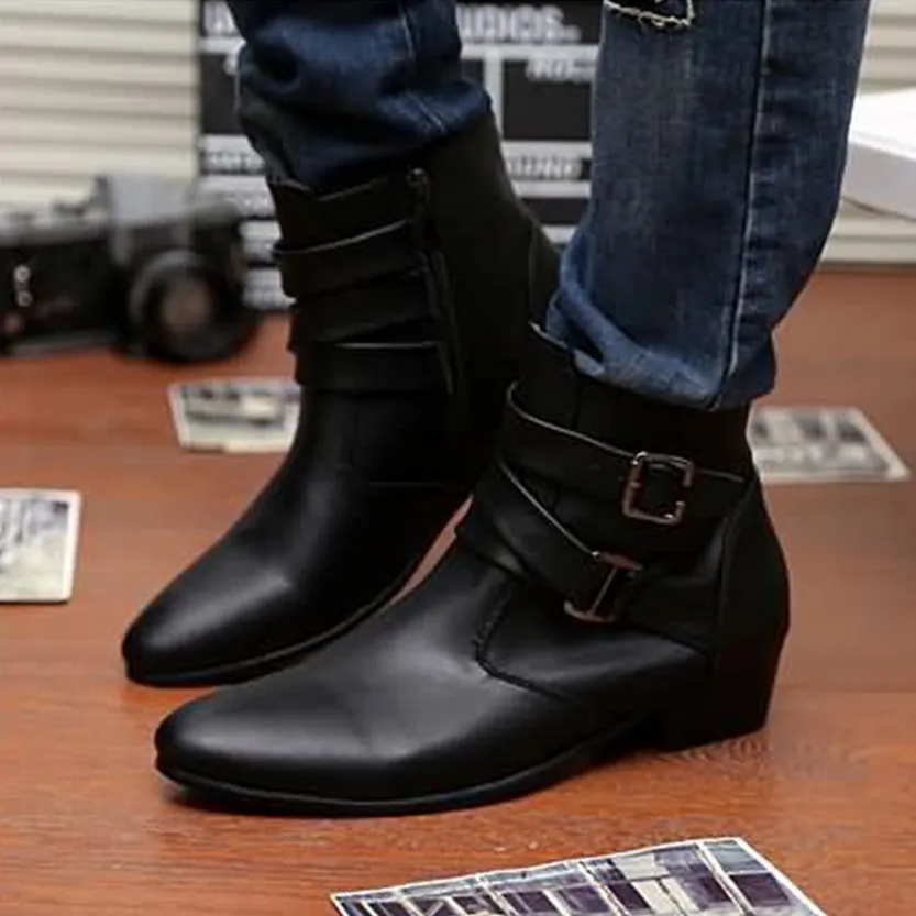 Funki Buys | Boots | Men's Buckle Strap Block Heel Dress Boots