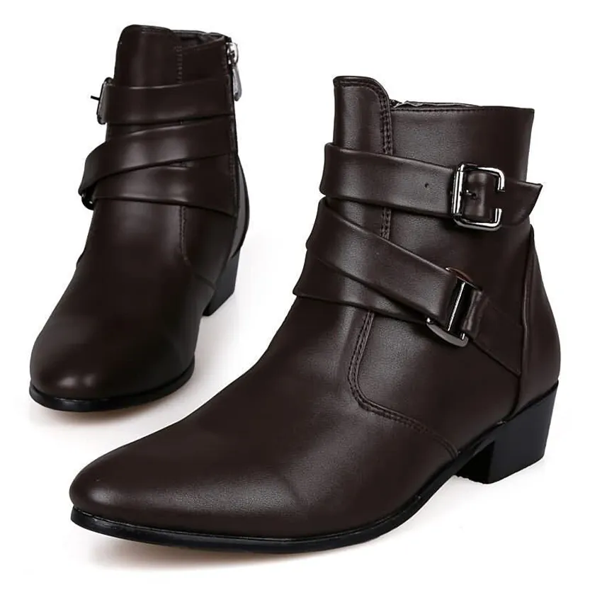 Funki Buys | Boots | Men's Buckle Strap Block Heel Dress Boots