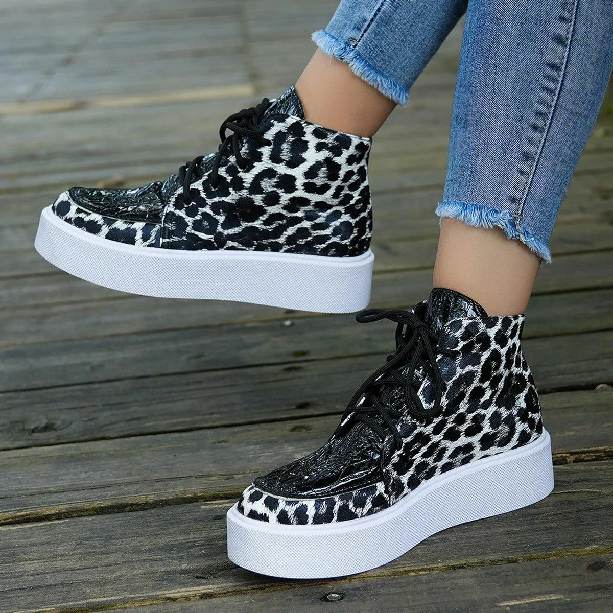 Leopard Platform Sneakers PU Leather Shoes