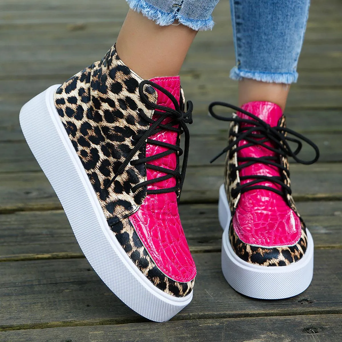 Leopard Platform Sneakers PU Leather Shoes