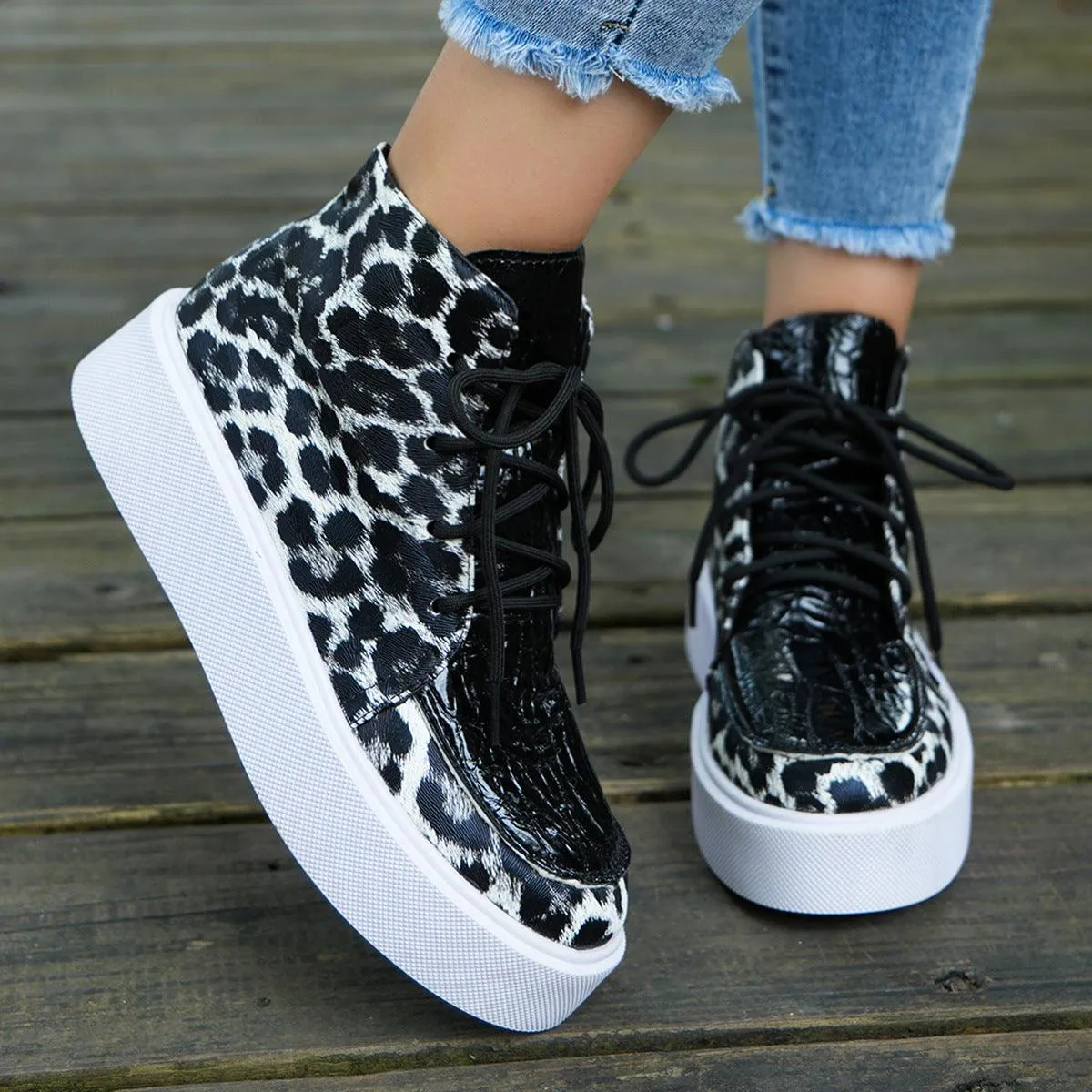 Leopard Platform Sneakers PU Leather Shoes