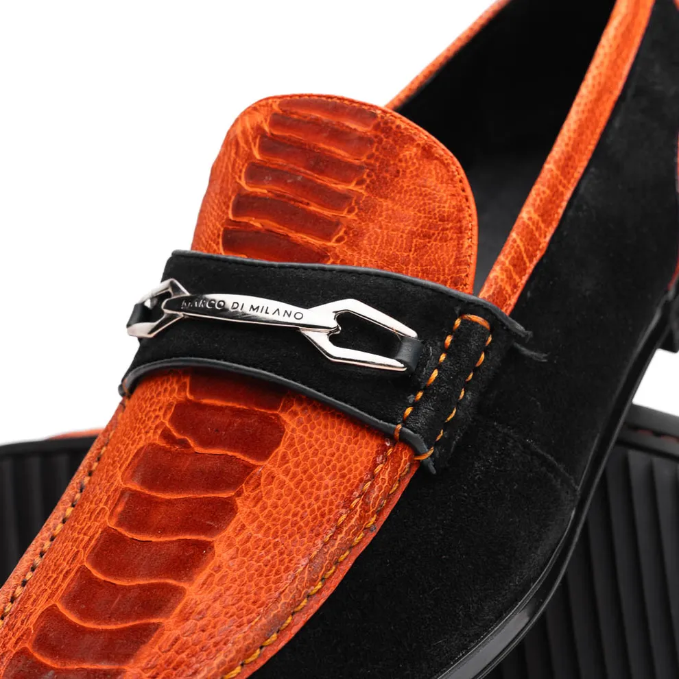 Marco Di Milano Hugo Men's Shoes Orange & Black Suede / Ostrich Leg Horsebit Loafers (MDM1059)