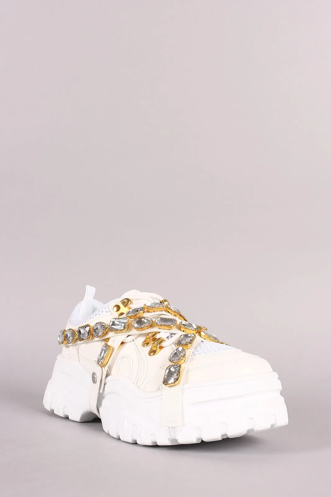 Mesh Trim Jeweled Strappy Lug Sole Platform Sneaker