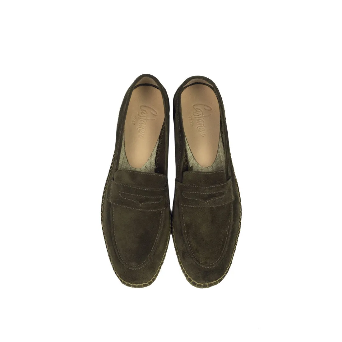 Mushroom suede penny-loafer style espadrilles with khaki sole