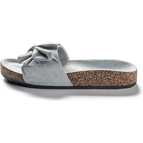 Roxoni Women Comfort Sandals Ribbon Bow Top EVA Flat Slides Footbed Suede with Arch Support Non-Slip