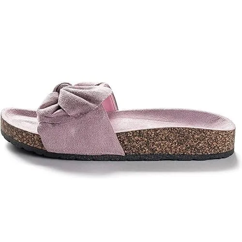 Roxoni Women Comfort Sandals Ribbon Bow Top EVA Flat Slides Footbed Suede with Arch Support Non-Slip