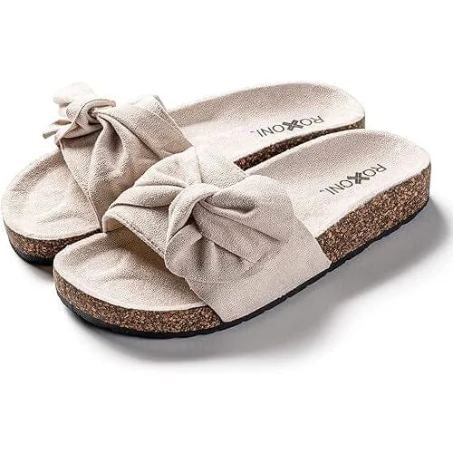 Roxoni Women Comfort Sandals Ribbon Bow Top EVA Flat Slides Footbed Suede with Arch Support Non-Slip