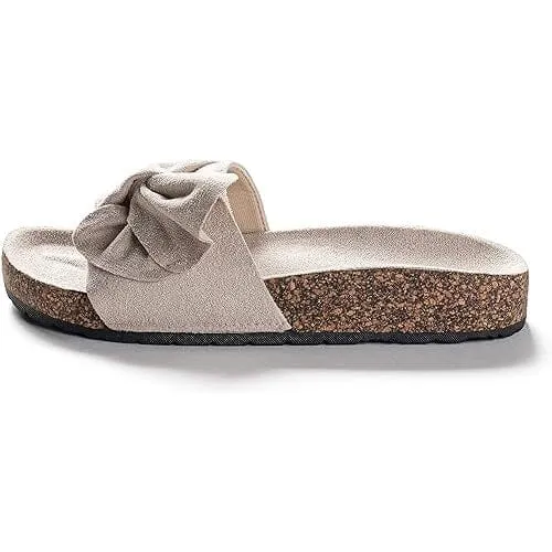 Roxoni Women Comfort Sandals Ribbon Bow Top EVA Flat Slides Footbed Suede with Arch Support Non-Slip