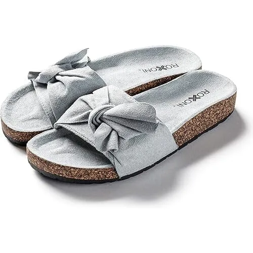 Roxoni Women Comfort Sandals Ribbon Bow Top EVA Flat Slides Footbed Suede with Arch Support Non-Slip