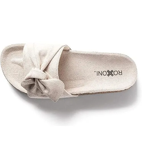 Roxoni Women Comfort Sandals Ribbon Bow Top EVA Flat Slides Footbed Suede with Arch Support Non-Slip