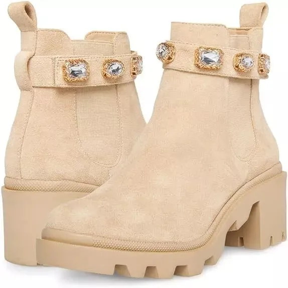 Steve Madden Amulet Embellished Lug Sole Combat Ankle Bootie Sand Suede