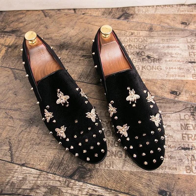 Stylish Bee Encrusted Velour Casual Studded Loafers for Men