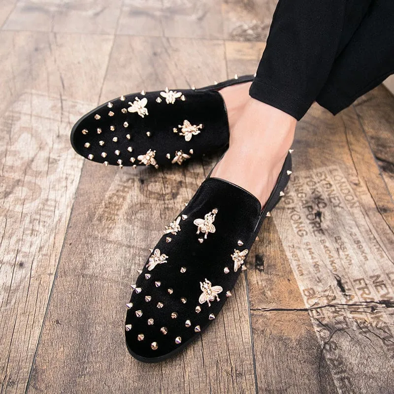 Stylish Bee Encrusted Velour Casual Studded Loafers for Men