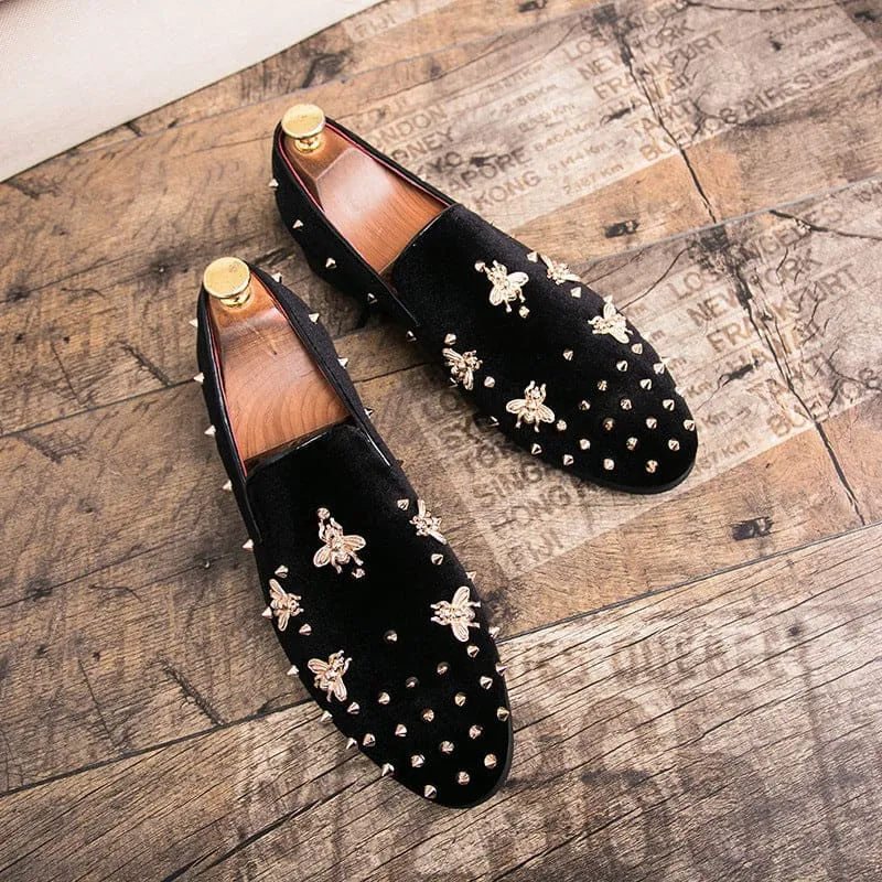 Stylish Bee Encrusted Velour Casual Studded Loafers for Men