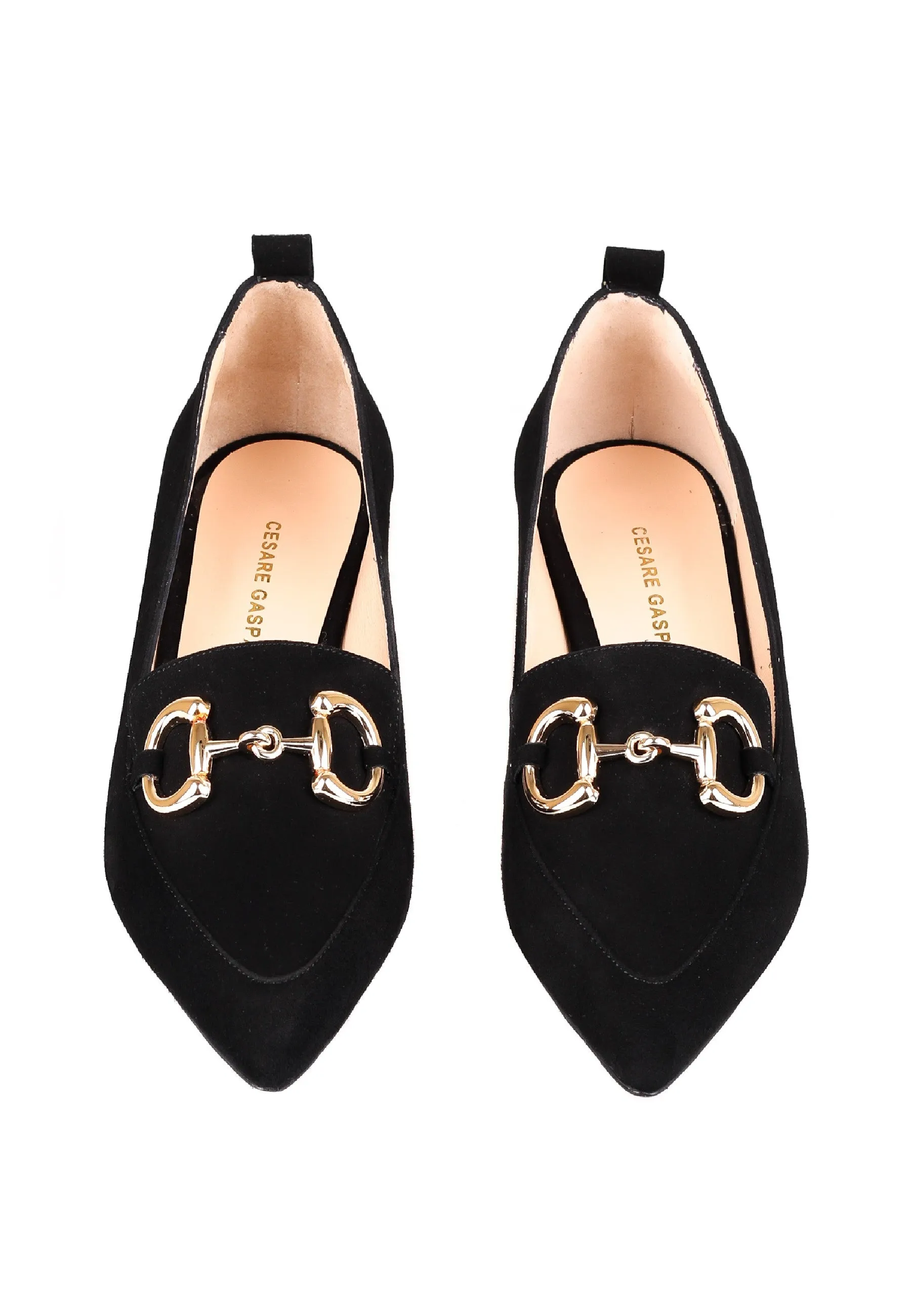 Suede Block Heel Loafers with Gold Chain Detail - Black