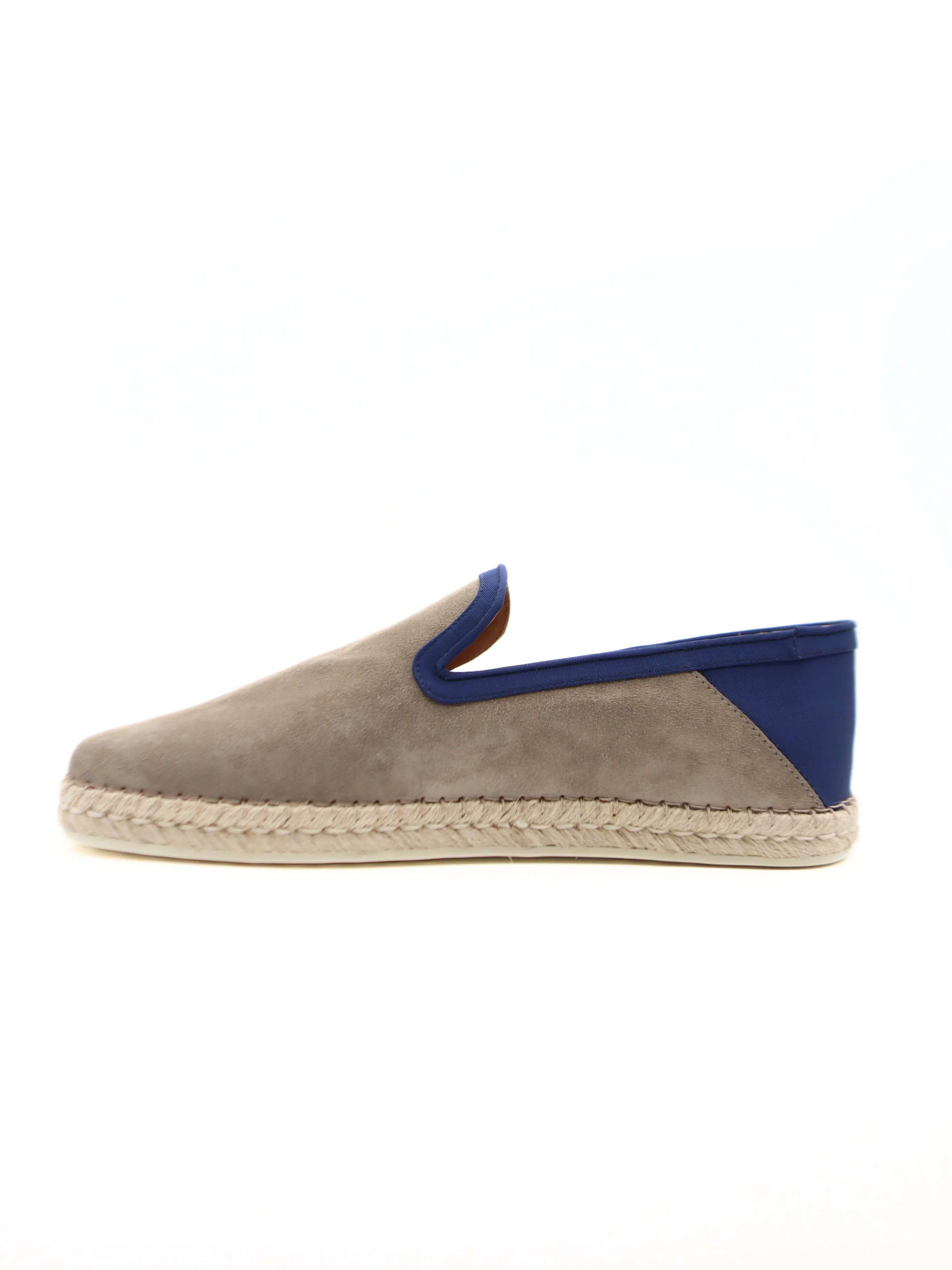 Tods Mens Grey Suede Navy Blue Trim Espadrille with Raffia Sole