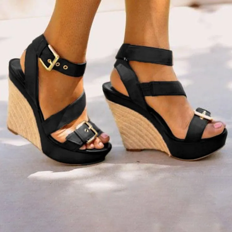 Women peep toe buckle strap high heeled wedge sandals