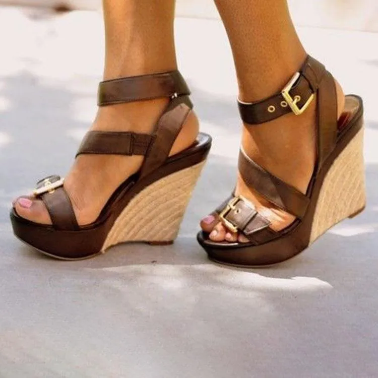 Women peep toe buckle strap high heeled wedge sandals