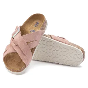 Women's Birkenstock Lugano Soft Footbed Suede Leather Color: Pink Clay (MEDIUM/NARROW WIDTH)