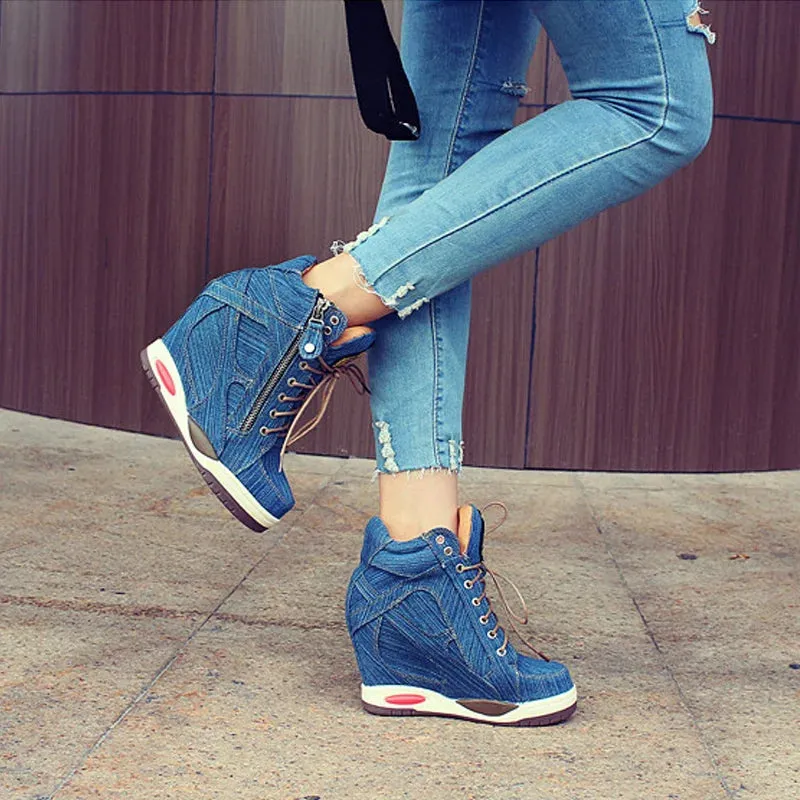 Women's Denim Wedge High-Top Sneakers | Fashion Platform Shoes with Zipper | Thick Bottom Casual Vulcanized Shoes | Big Size 41